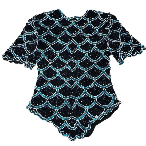 Laurence Kazar vintage sequin beaded black and blue top medium - Picture 2 of 7